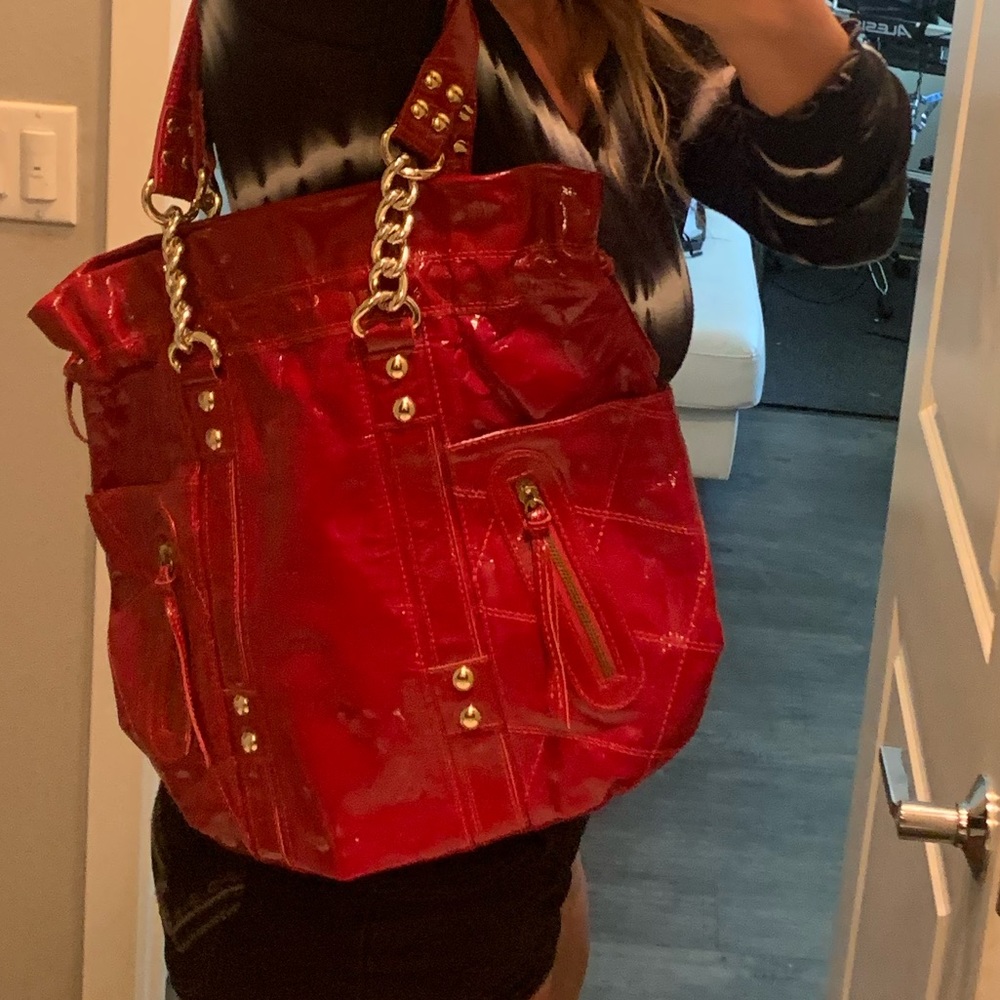 Red hot patent leather large tote handbag